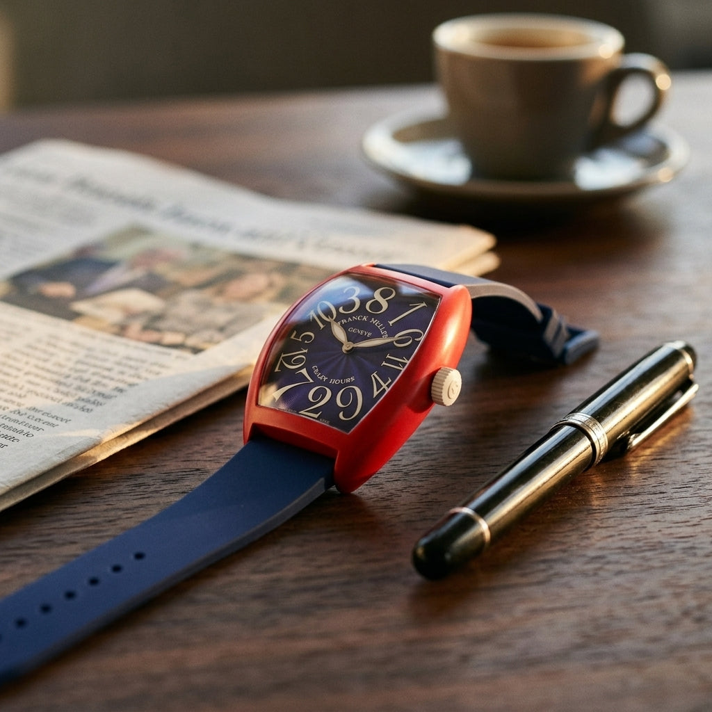 Red curved tonneau watch with a blue dial and out-of-order numerals on a dark walnut desk beside a fountain pen