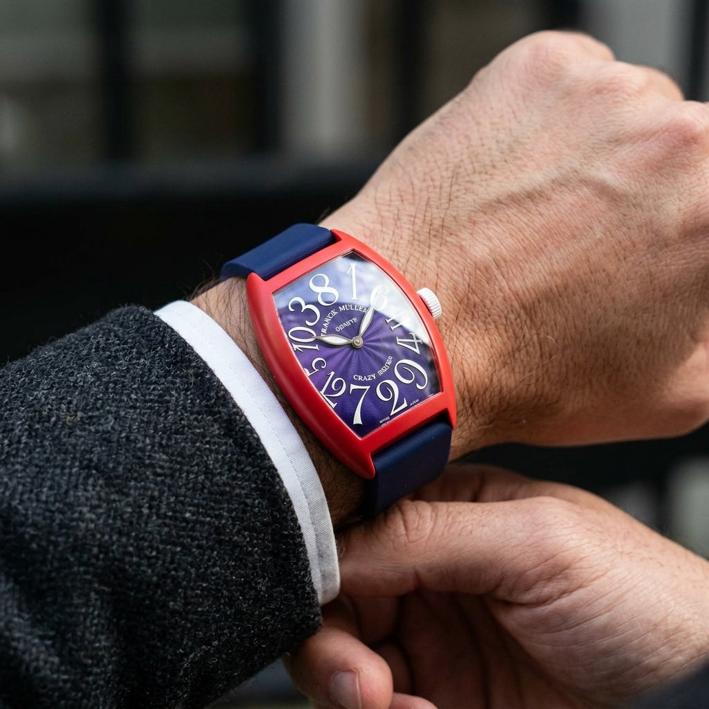 Red curved tonneau watch with a blue dial and out-of-order numerals on the wrist as a shirt cuff is fastened