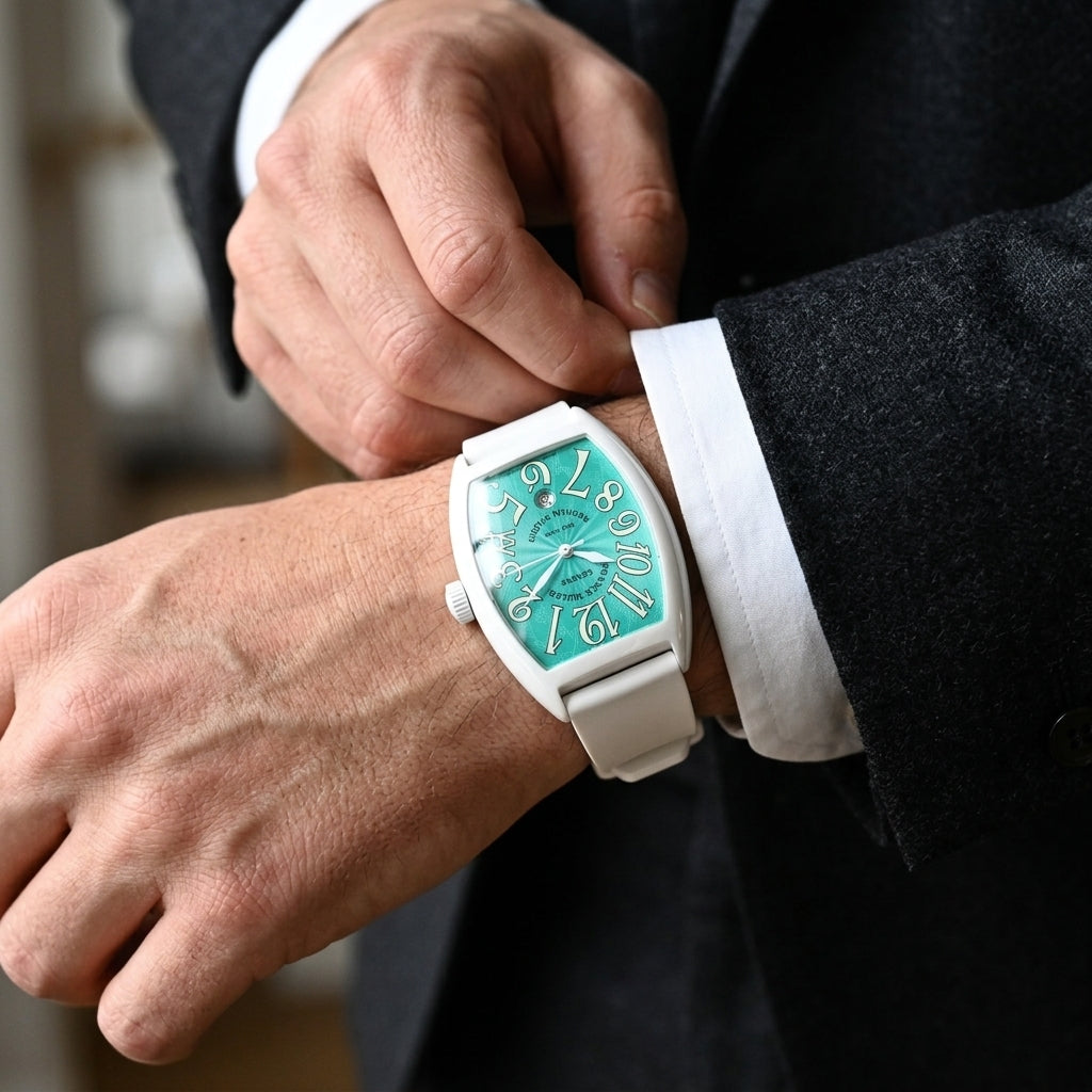 White curved tonneau watch with a turquoise dial on the wrist as a shirt cuff is fastened