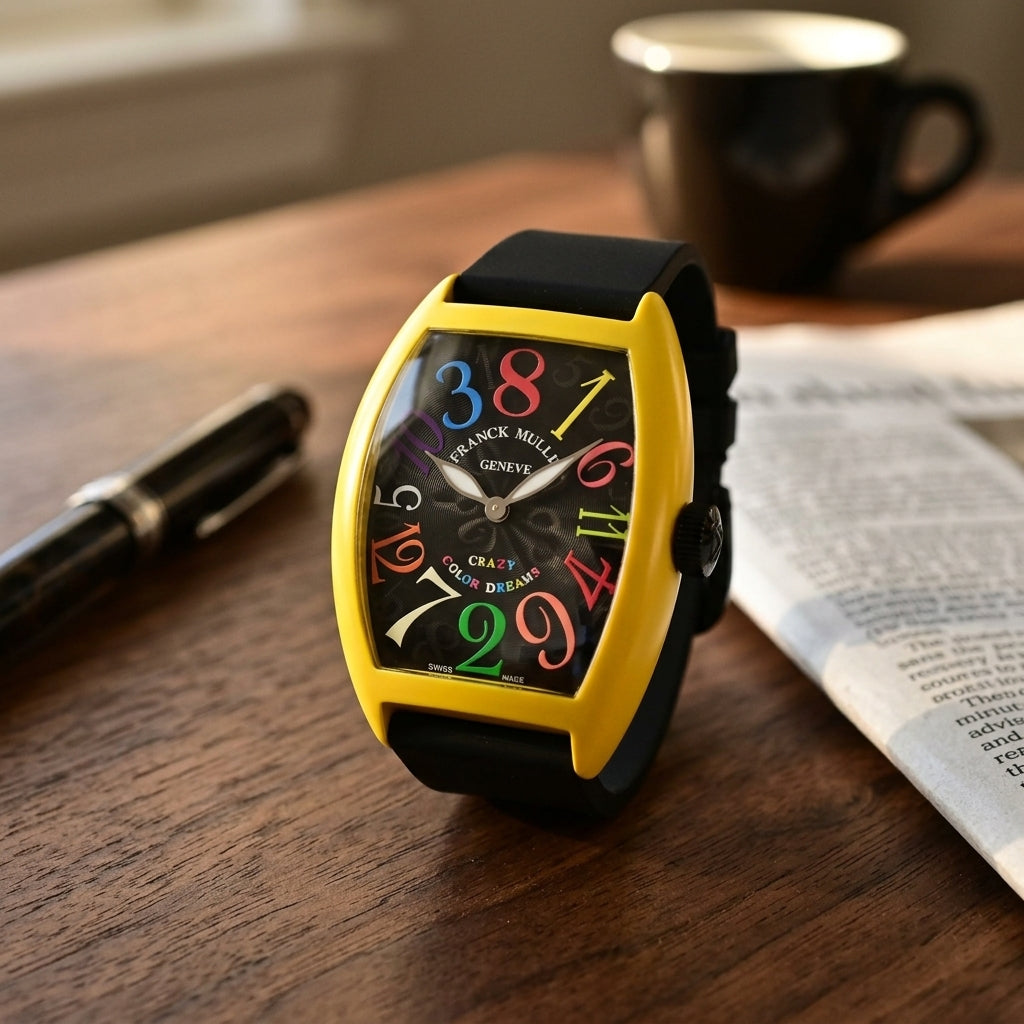 Yellow curved tonneau watch with a black dial and coloured numerals on a dark walnut desk beside a fountain pen