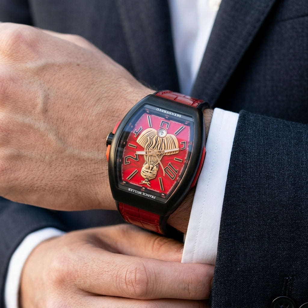 Black curved tonneau watch with a red dial on the wrist as a shirt cuff is fastened