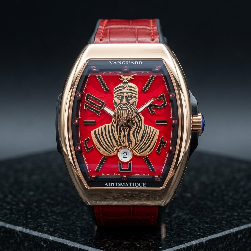 Rose gold curved tonneau watch with a red dial on its red strap, worn on the wrist below a dark suit cuff