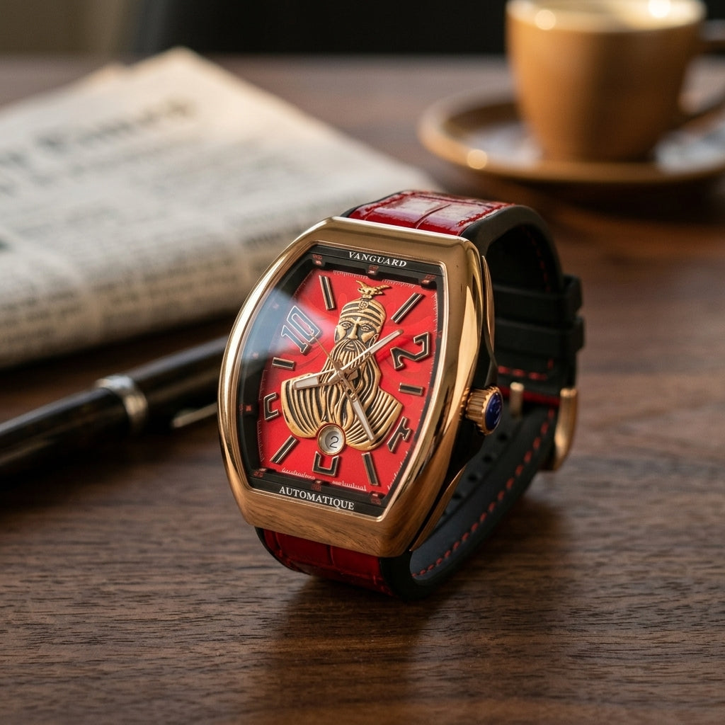 Rose gold curved tonneau watch with a red warrior dial on a dark walnut desk beside a fountain pen