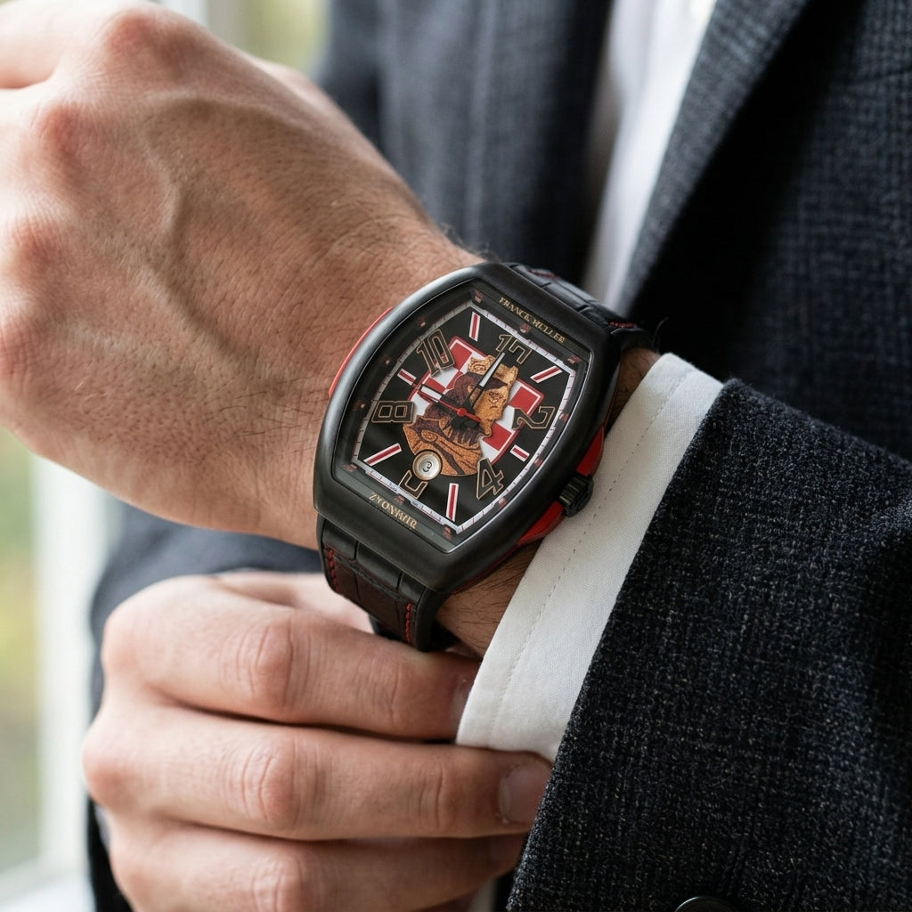 Black curved tonneau watch with red side inserts on the wrist as a shirt cuff is fastened
