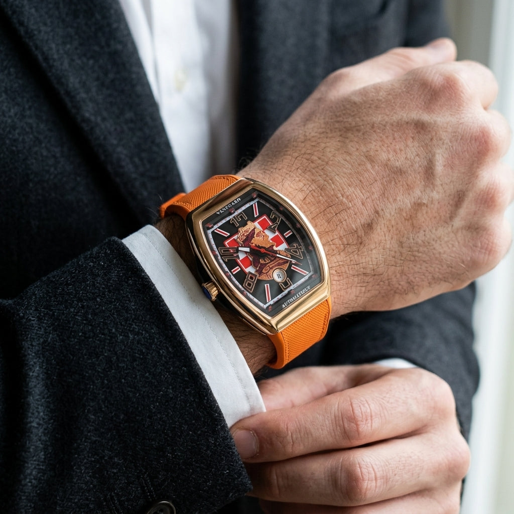 Rose gold curved tonneau watch with an orange strap on the wrist as a shirt cuff is fastened