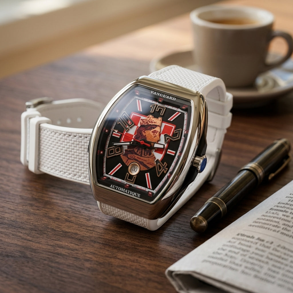 Steel curved tonneau watch with the checkerboard king dial on a dark walnut desk beside a fountain pen