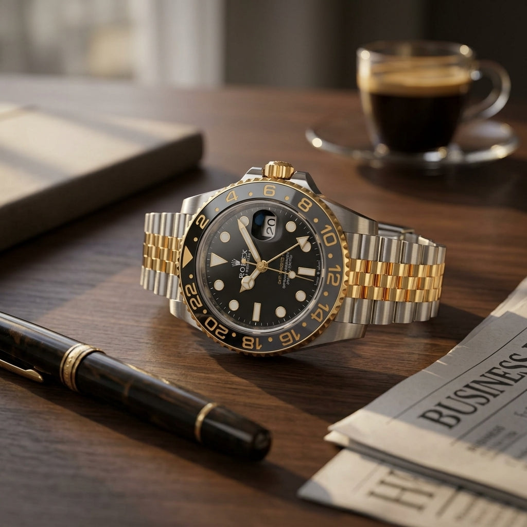 Two-tone steel and gold GMT watch on a dark walnut desk beside a fountain pen