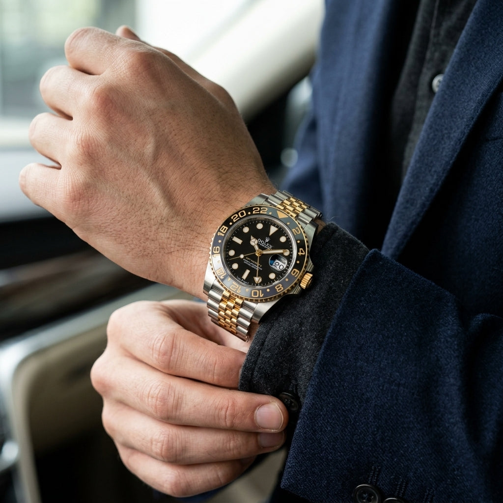 Two-tone steel and gold GMT watch on the wrist as a shirt cuff is fastened