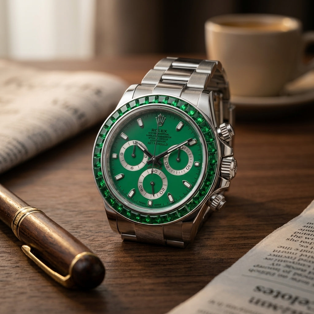 Steel chronograph with a flat emerald dial and a matched green stone bezel on a dark walnut desk beside a fountain pen