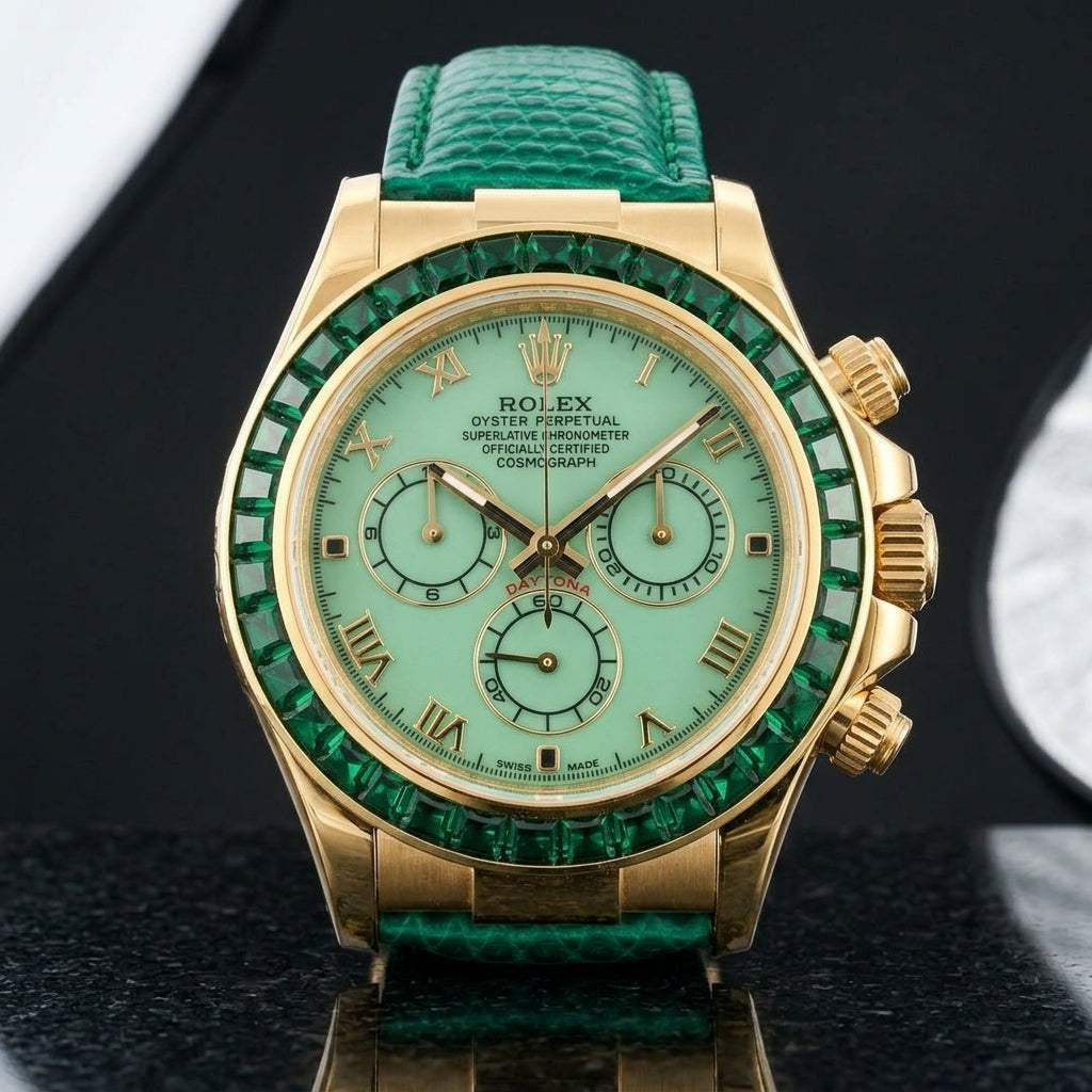 Gold-tone chronograph with a pale green dial and a green stone bezel on a green lizard-grain strap, worn on the wrist below a navy suit cuff