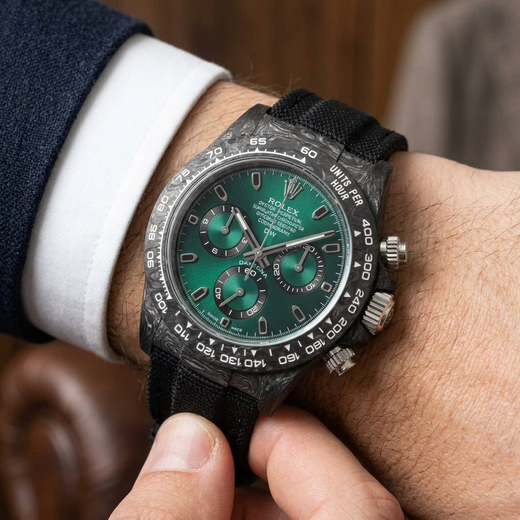 Forged-carbon chronograph with a green sun-brushed dial on the wrist as a shirt cuff is fastened
