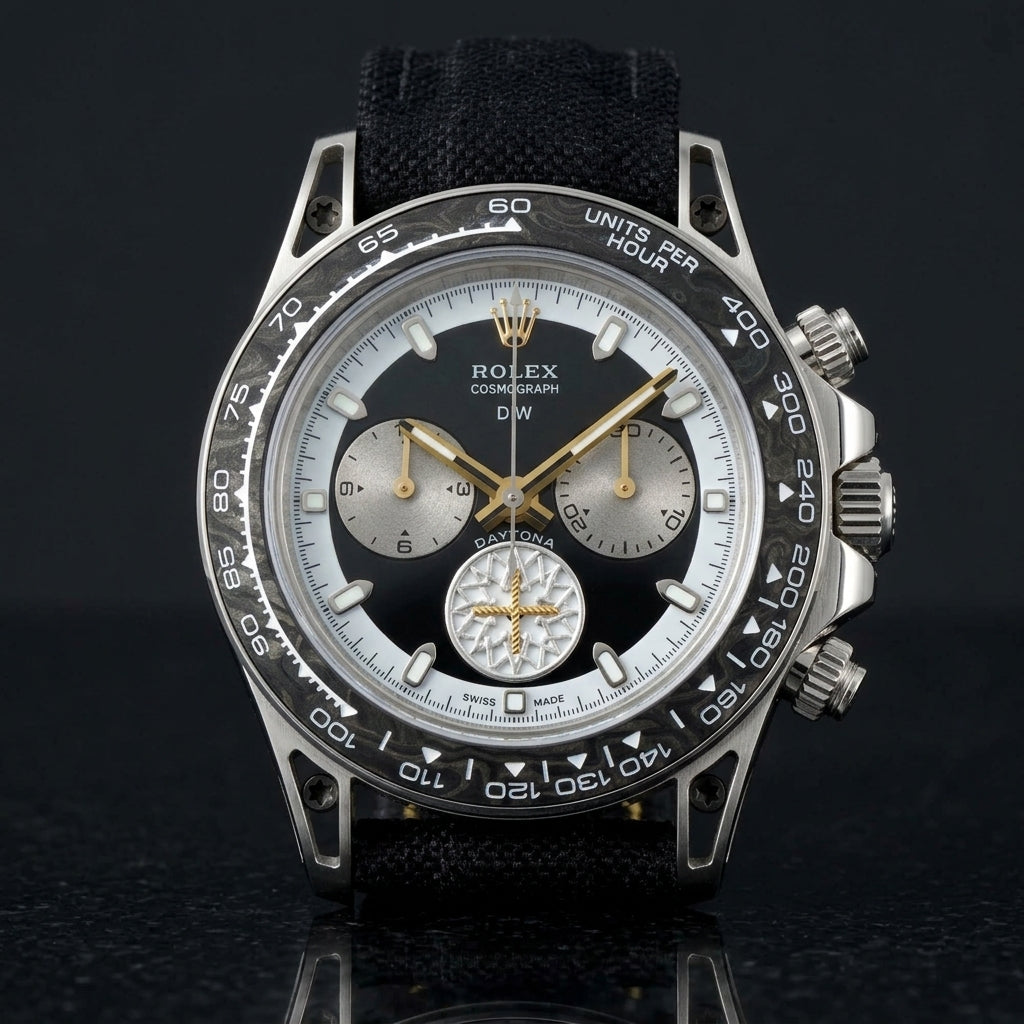 Forged carbon chronograph showing the hollow-cut lugs on black granite