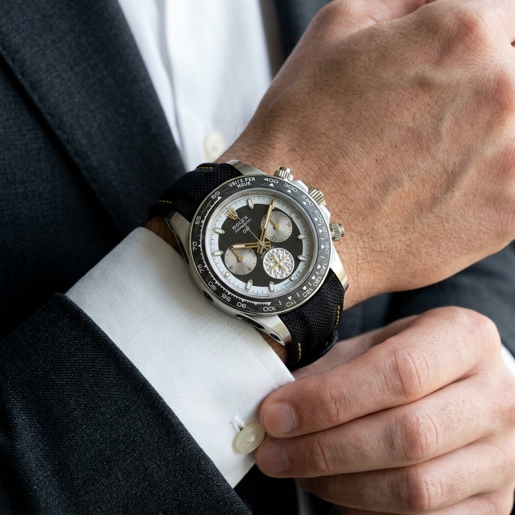 Forged carbon chronograph with hollow-cut lugs and gold hands on the wrist as a shirt cuff is fastened