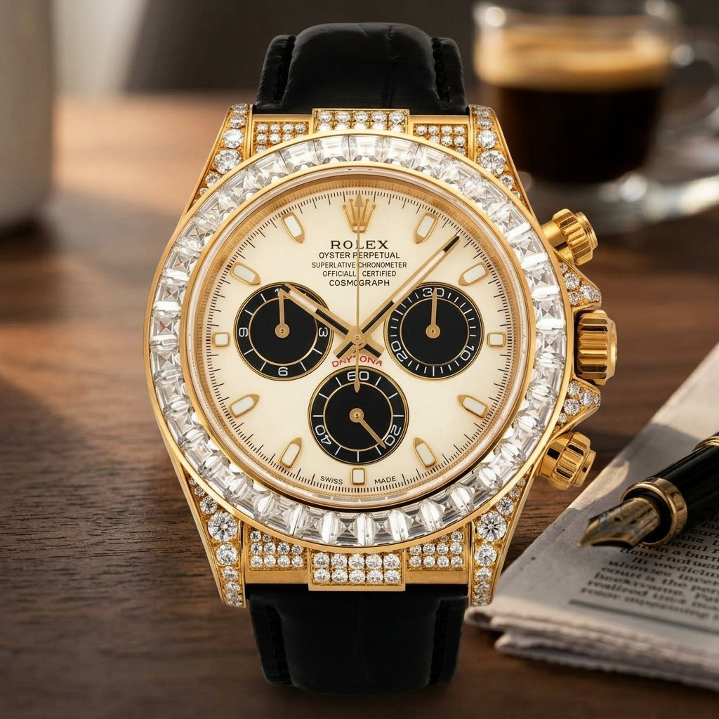 Yellow gold chronograph with an ivory dial, black counters and a clear baguette bezel on a dark walnut desk beside a fountain pen