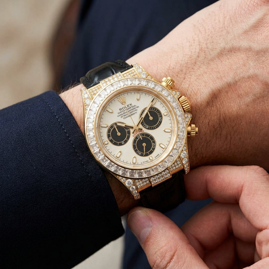 Yellow gold chronograph with an ivory dial and a clear baguette bezel on the wrist as a shirt cuff is fastened
