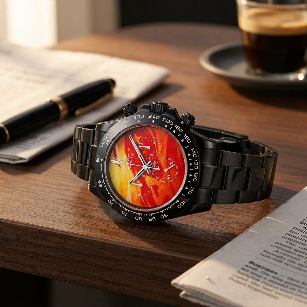 Black DLC lava-dial chronograph resting on a dark desk beside a notebook