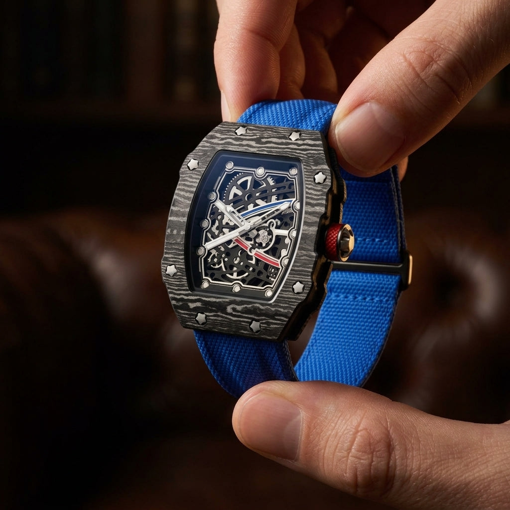 Le Monaco forged carbon watch beside an espresso on a Riviera cafe terrace