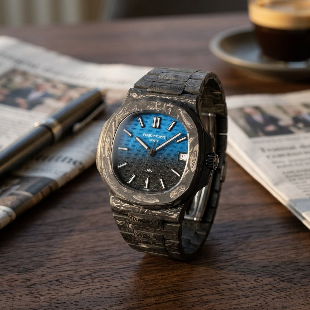 Forged carbon sports watch with a blue-to-black gradient dial on a dark walnut desk beside a fountain pen