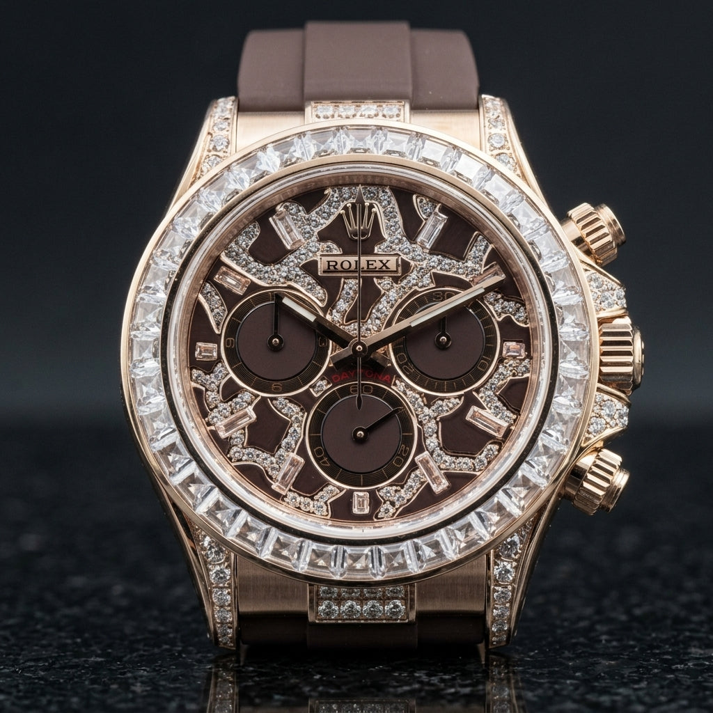 Rose gold chronograph with a brown leopard dial on a brown rubber strap, on the wrist below a dark suit cuff