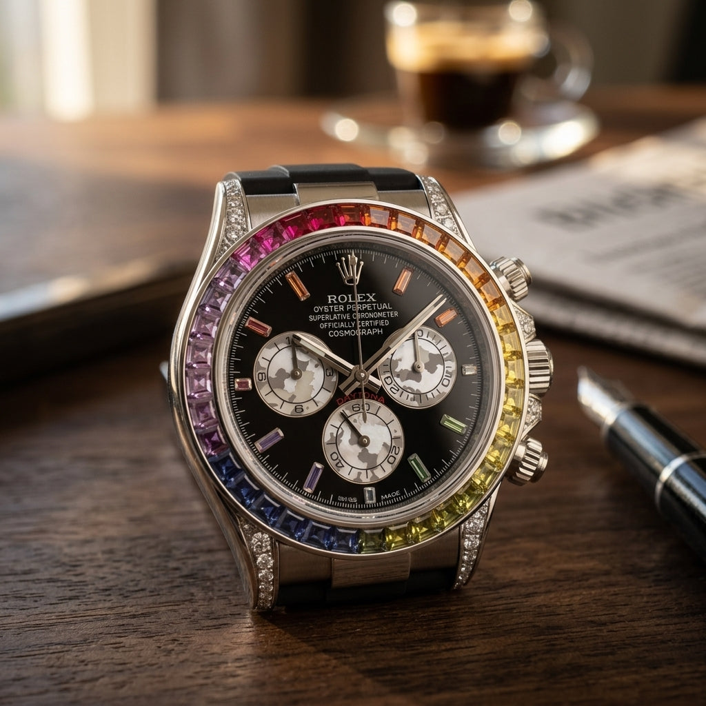 Steel rainbow chronograph on a black rubber strap lying on a dark stone desk beside a fountain pen