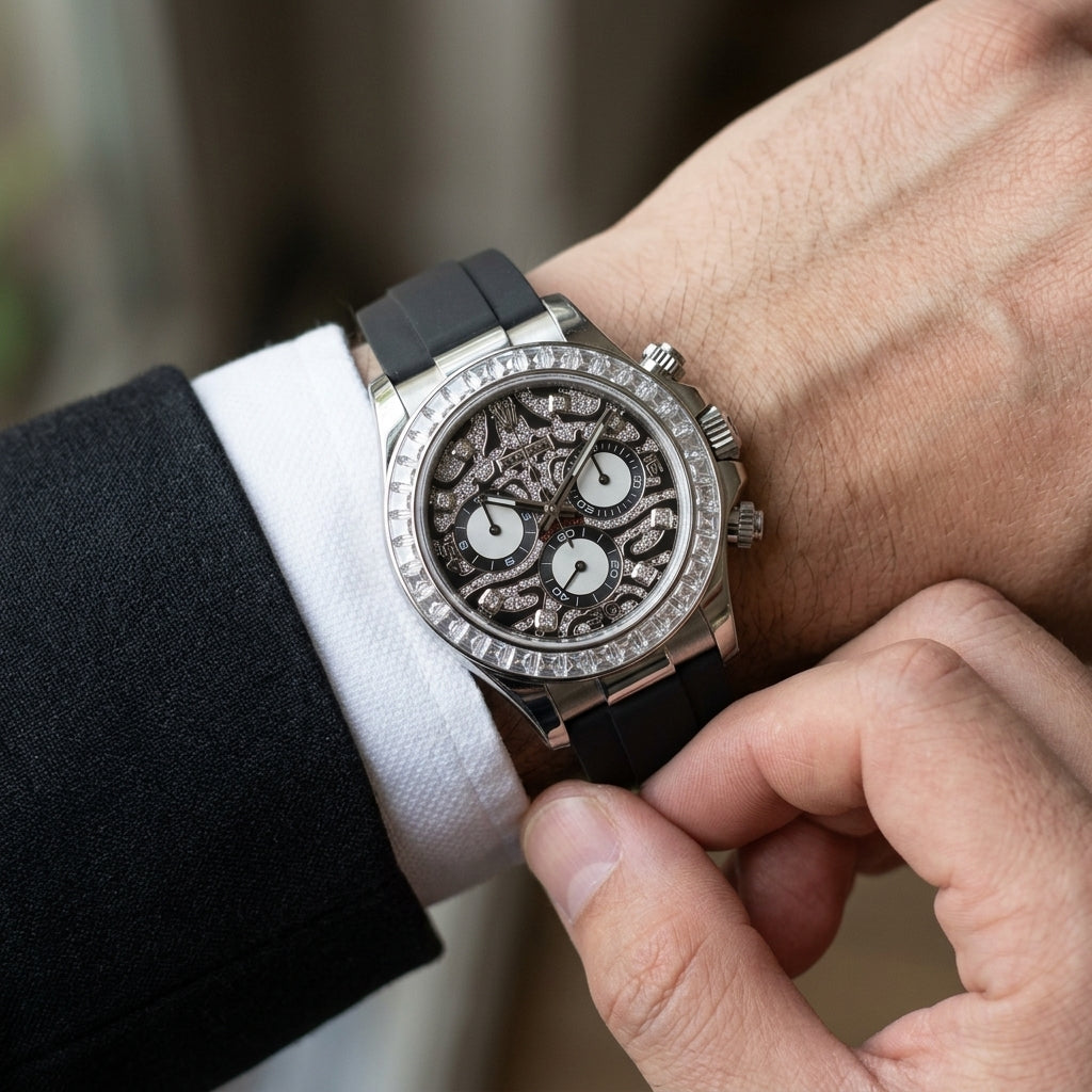 Steel chronograph with a black leopard pavé dial on the wrist as a shirt cuff is fastened