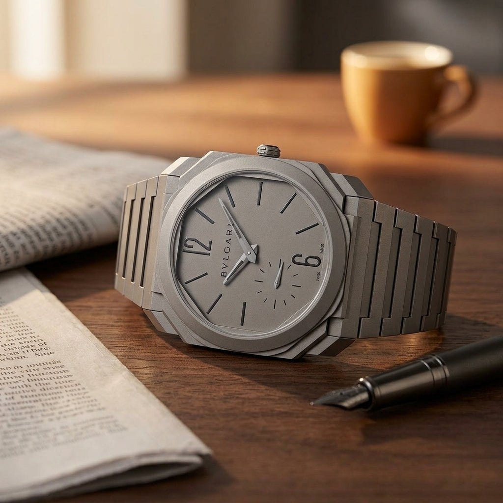 Ultra-thin sandblasted titanium octagonal watch on a dark walnut desk beside a fountain pen