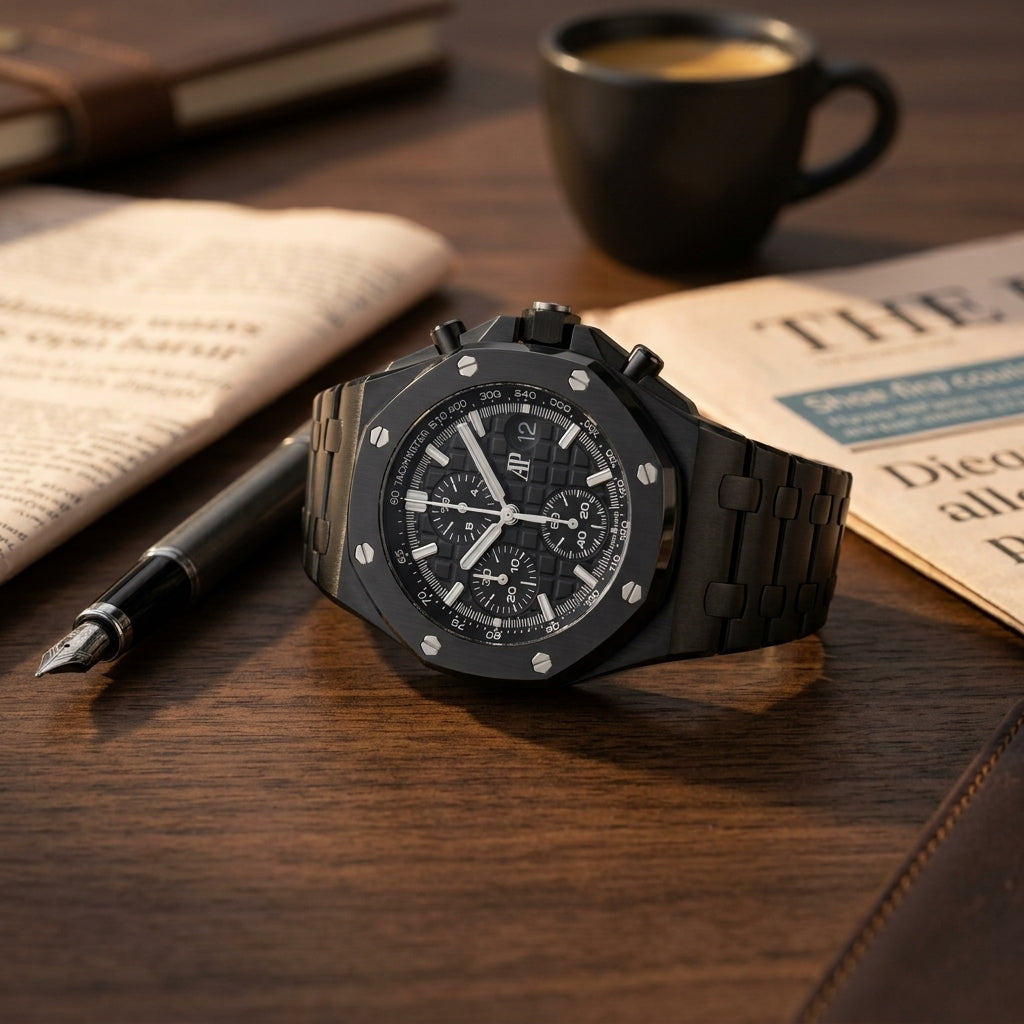 Black ceramic octagonal chronograph on a dark walnut desk beside a fountain pen
