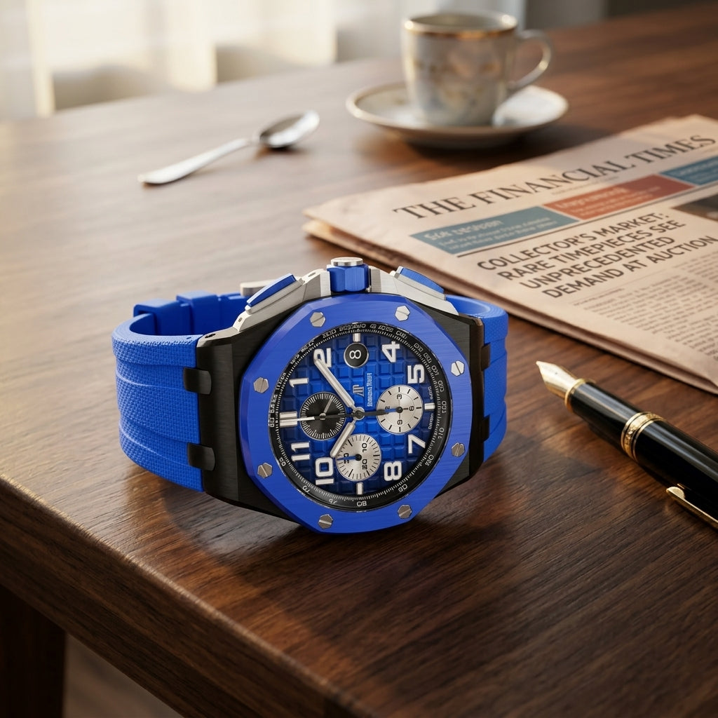 Blue ceramic octagonal chronograph on a dark walnut desk beside a fountain pen