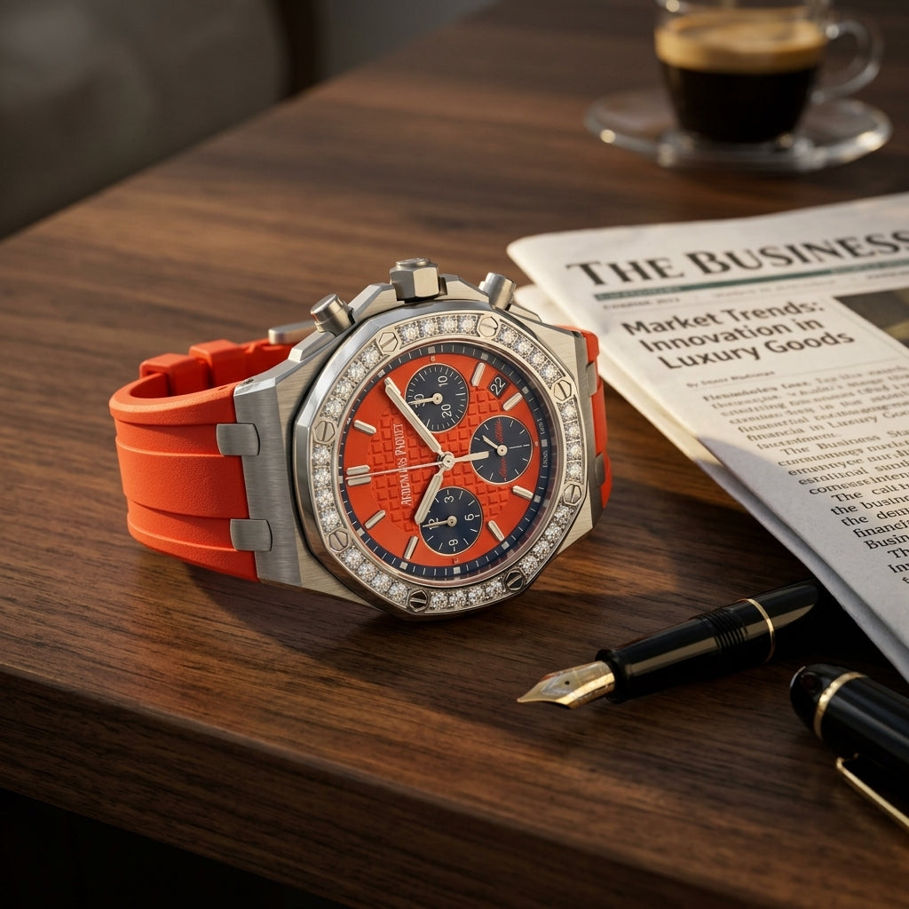 Steel chronograph with a diamond-set bezel and red dial on a dark walnut desk beside a fountain pen