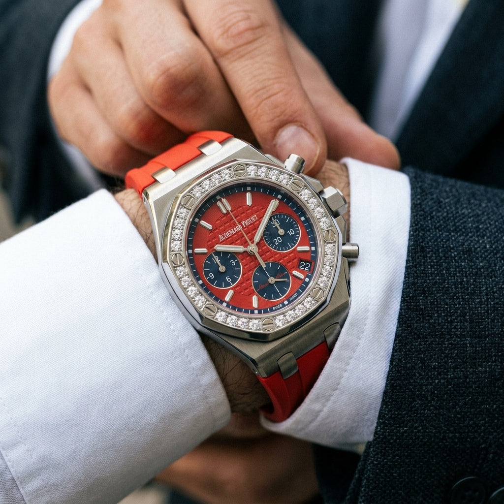 Steel chronograph with a diamond-set bezel and red dial on the wrist as a shirt cuff is fastened