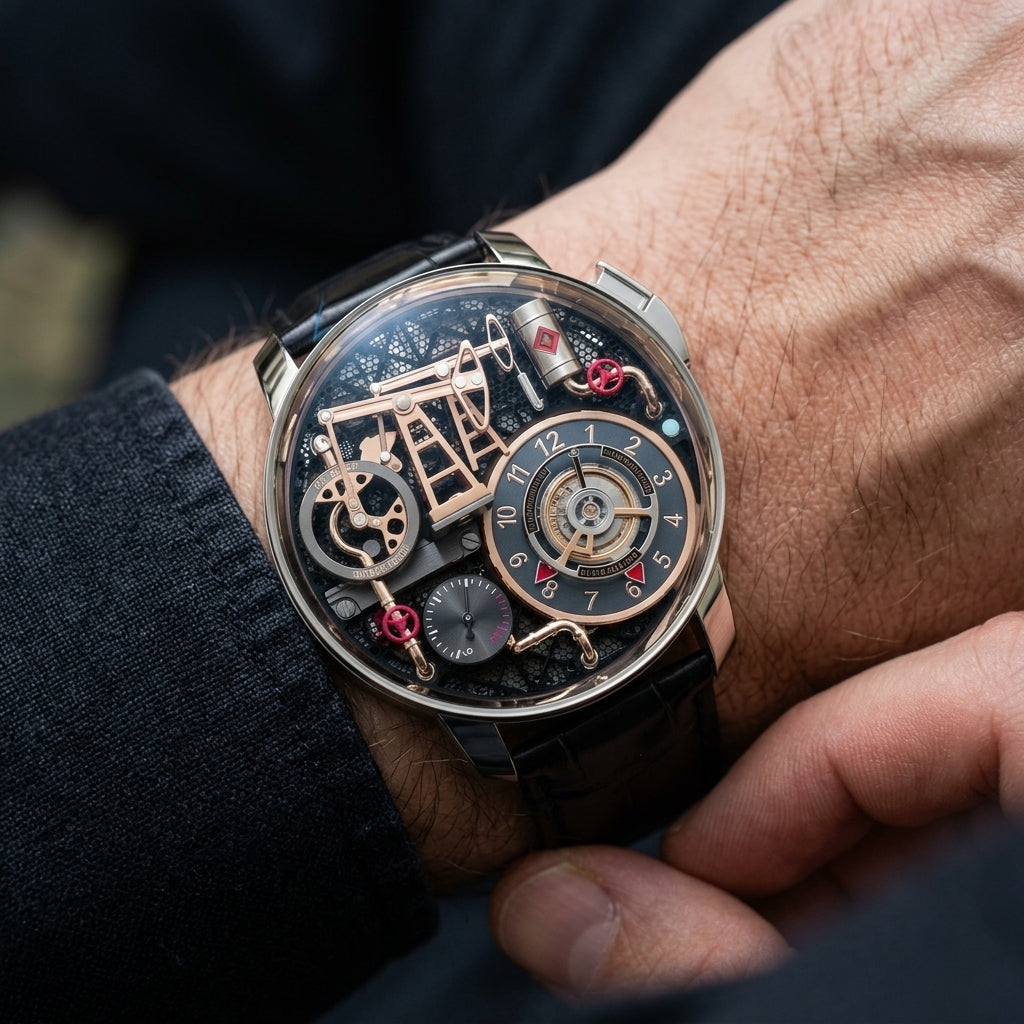 The silver-case oil pump watch on its black strap as a shirt cuff is fastened