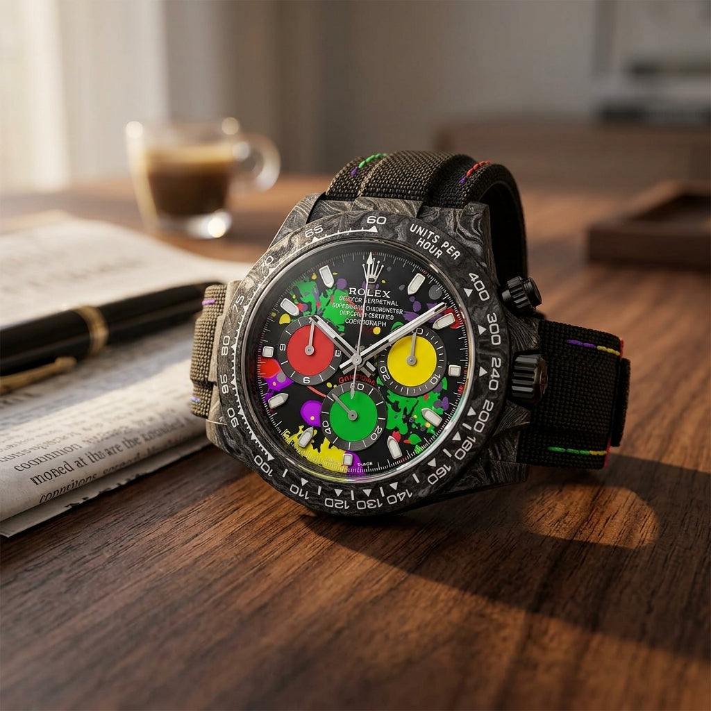 Forged-carbon chronograph with a black paint-splash dial in green, yellow, purple and red on a dark walnut desk beside a fountain pen