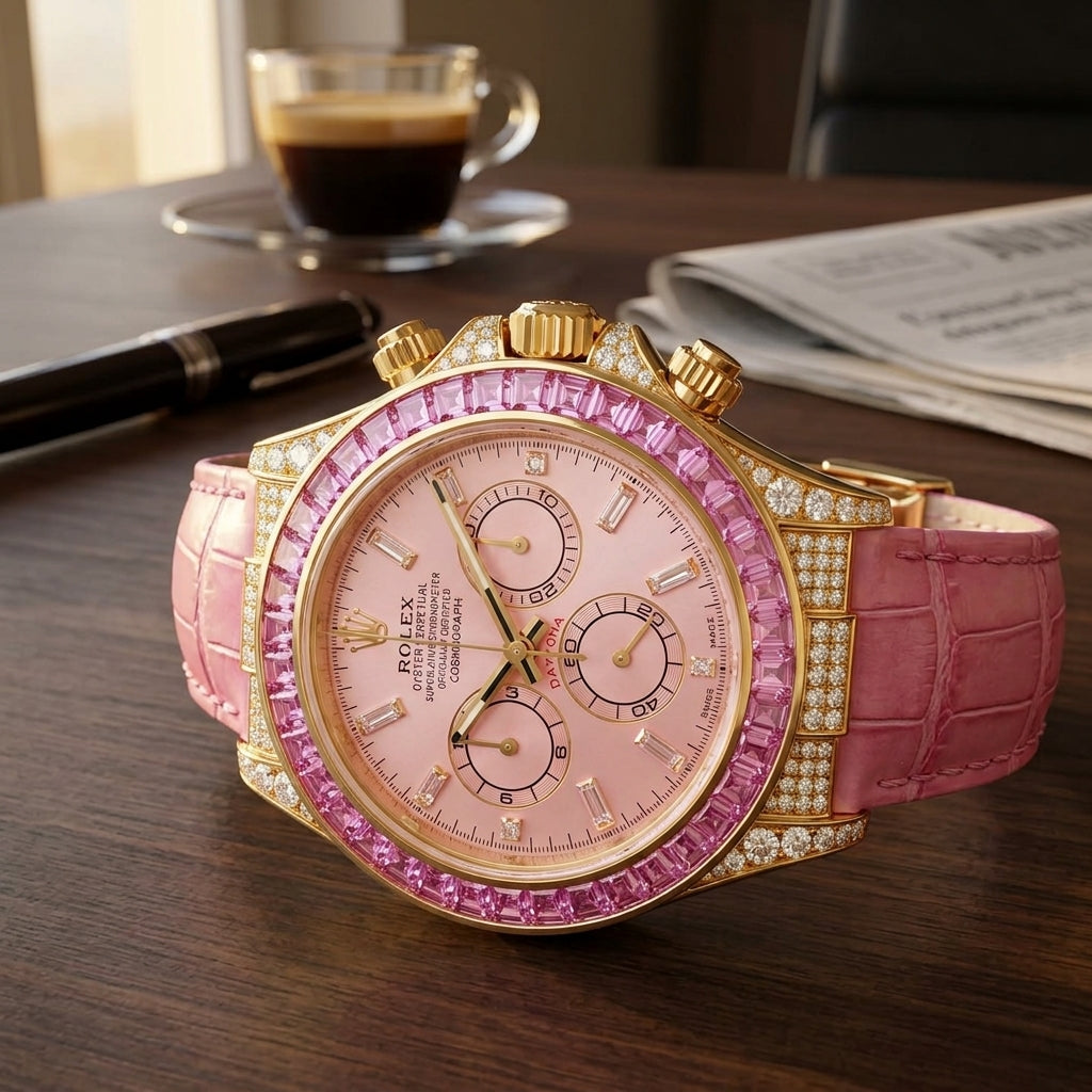 Yellow gold chronograph with a pink dial and a pink baguette bezel on a dark walnut desk beside a fountain pen