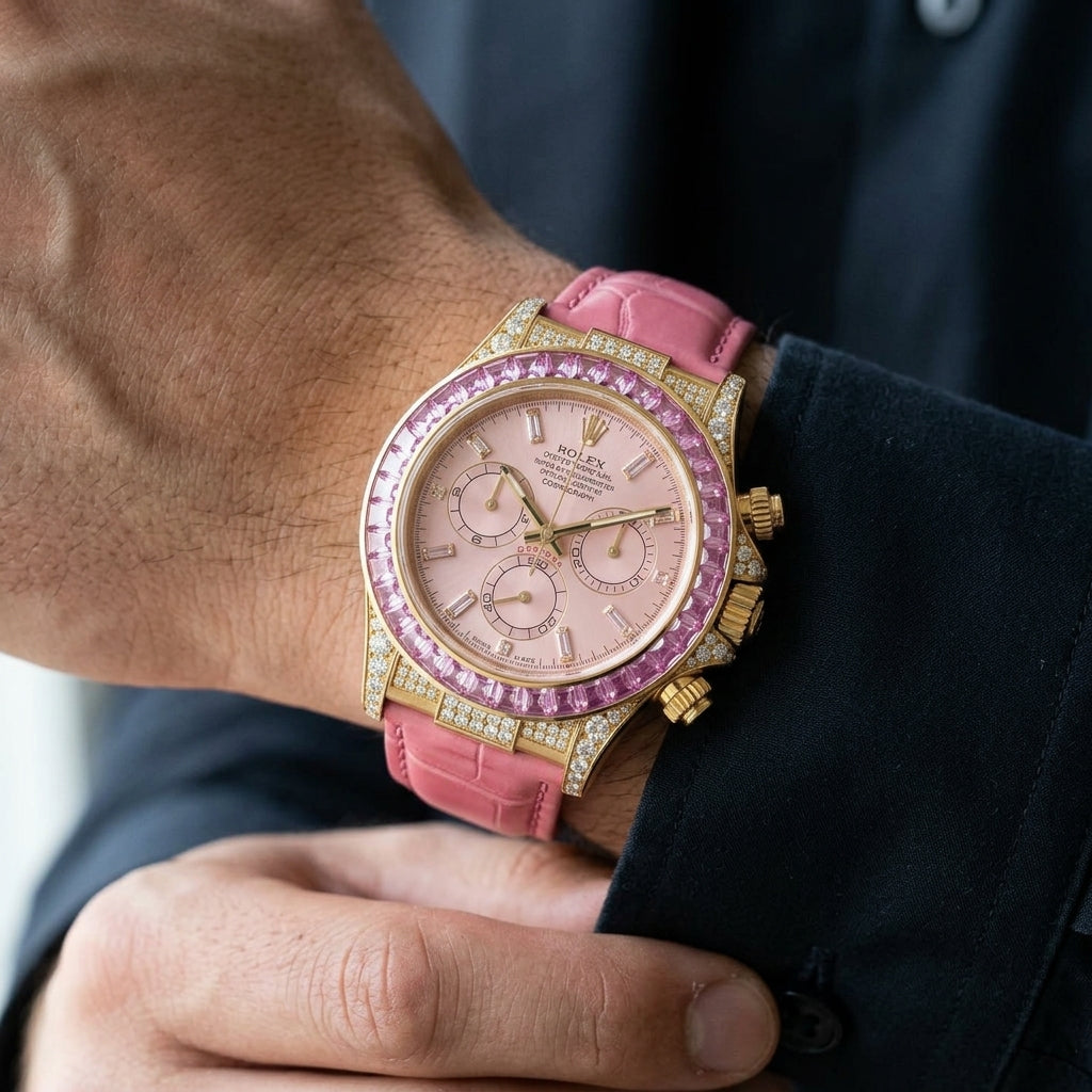 Yellow gold chronograph with a pink dial and a pink baguette bezel on the wrist as a shirt cuff is fastened