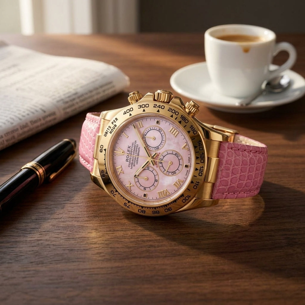 Gold-tone chronograph with a pink mother-of-pearl dial and Roman numerals on a dark walnut desk beside a fountain pen