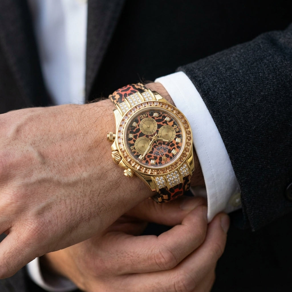 Yellow gold chronograph with a leopard dial and stone-set bezel on the wrist as a shirt cuff is fastened