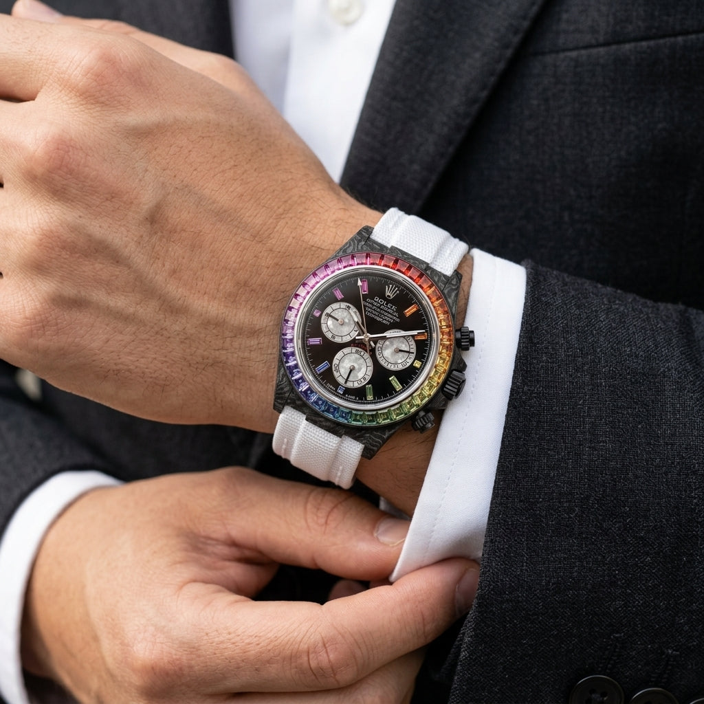 Forged carbon chronograph with a steel-set rainbow stone bezel, a black dial and silver counters on the wrist as a shirt cuff is fastened