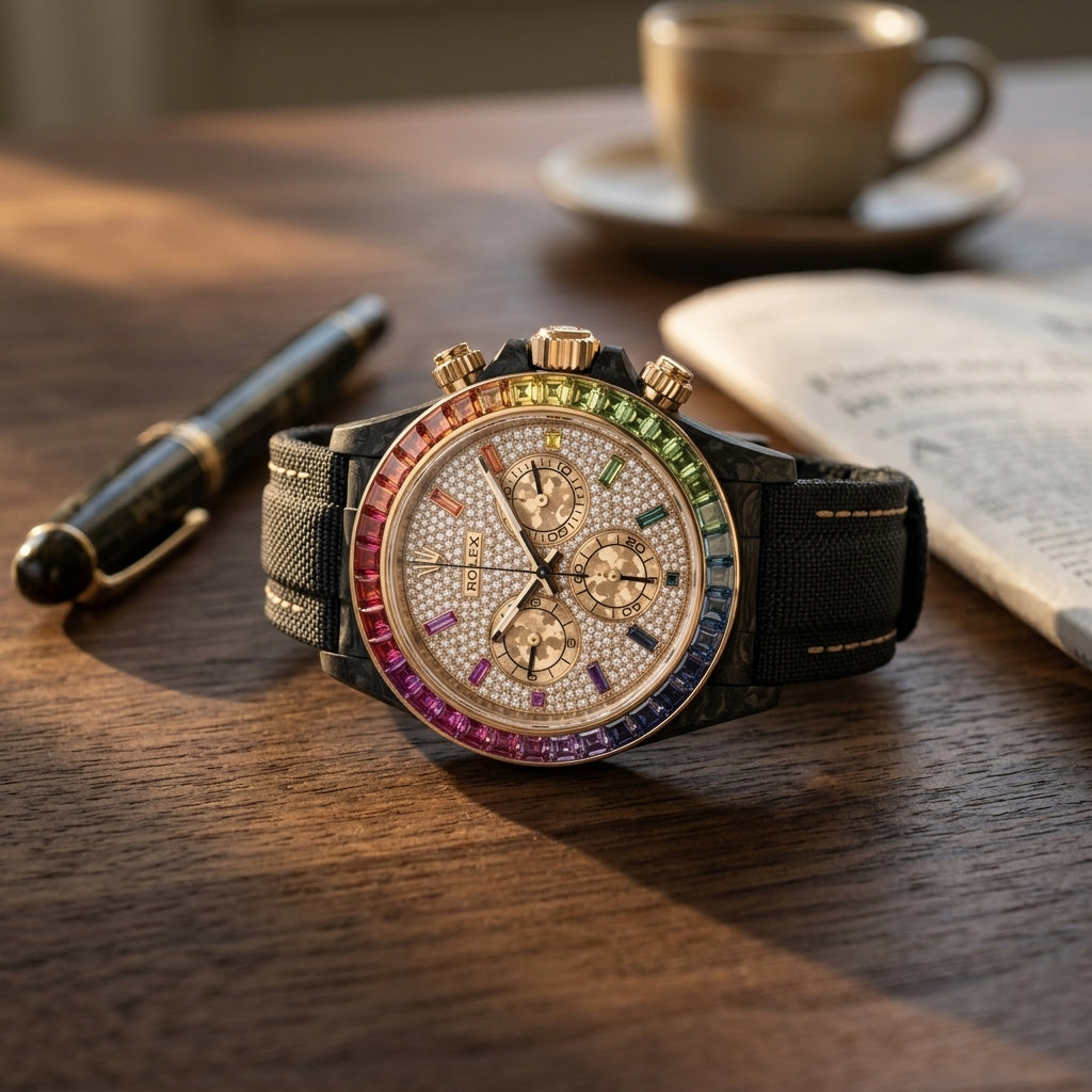 Black forged carbon chronograph with a rainbow gemstone bezel and a gold pavé dial on a dark walnut desk beside a fountain pen