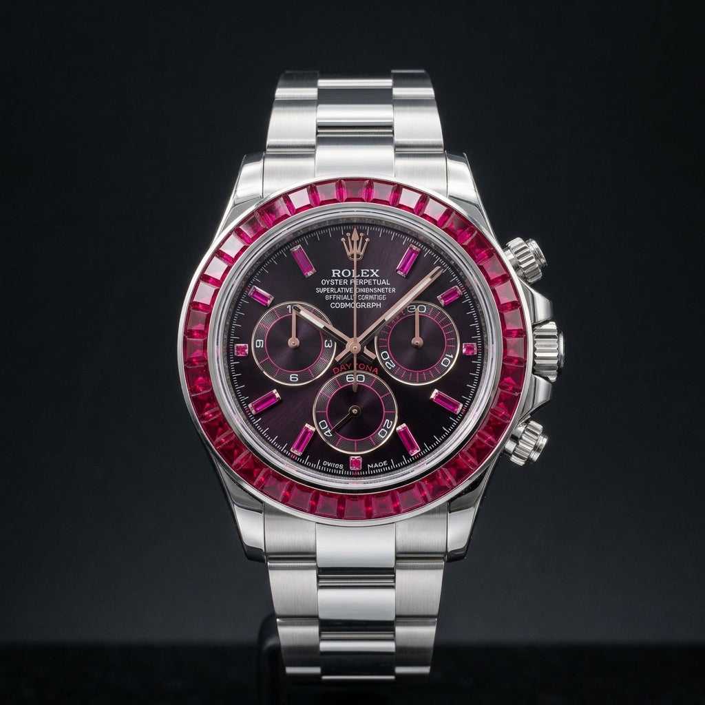 Aubergine dial steel chronograph worn under a navy suit cuff