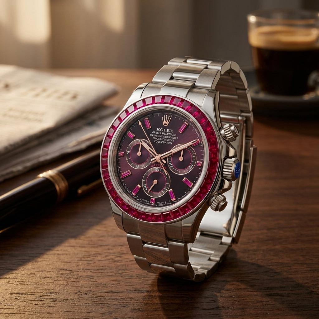 Steel chronograph with an aubergine dial and a ruby red baguette bezel on a dark walnut desk beside a fountain pen