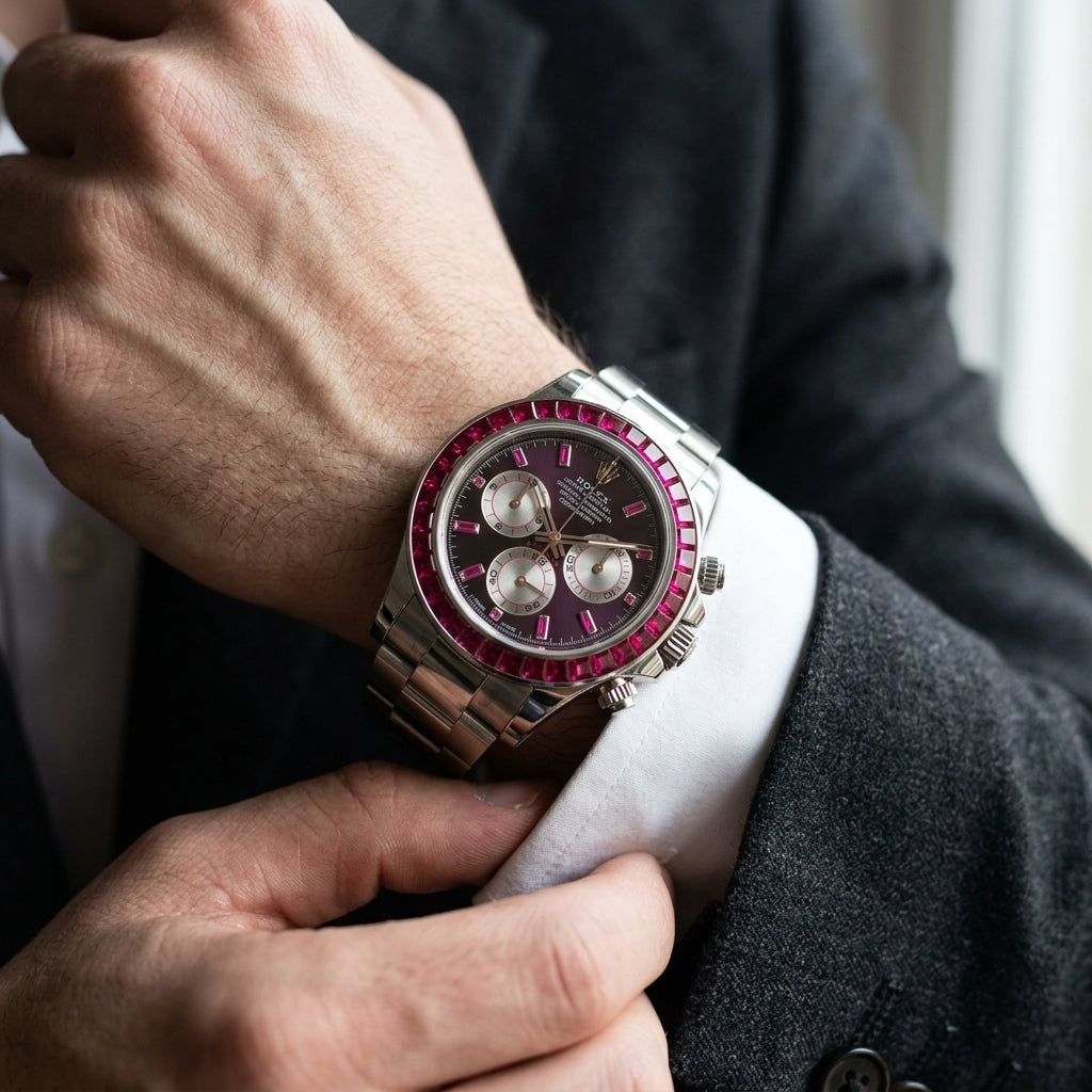 Steel chronograph with an aubergine dial and a ruby red baguette bezel on the wrist as a shirt cuff is fastened