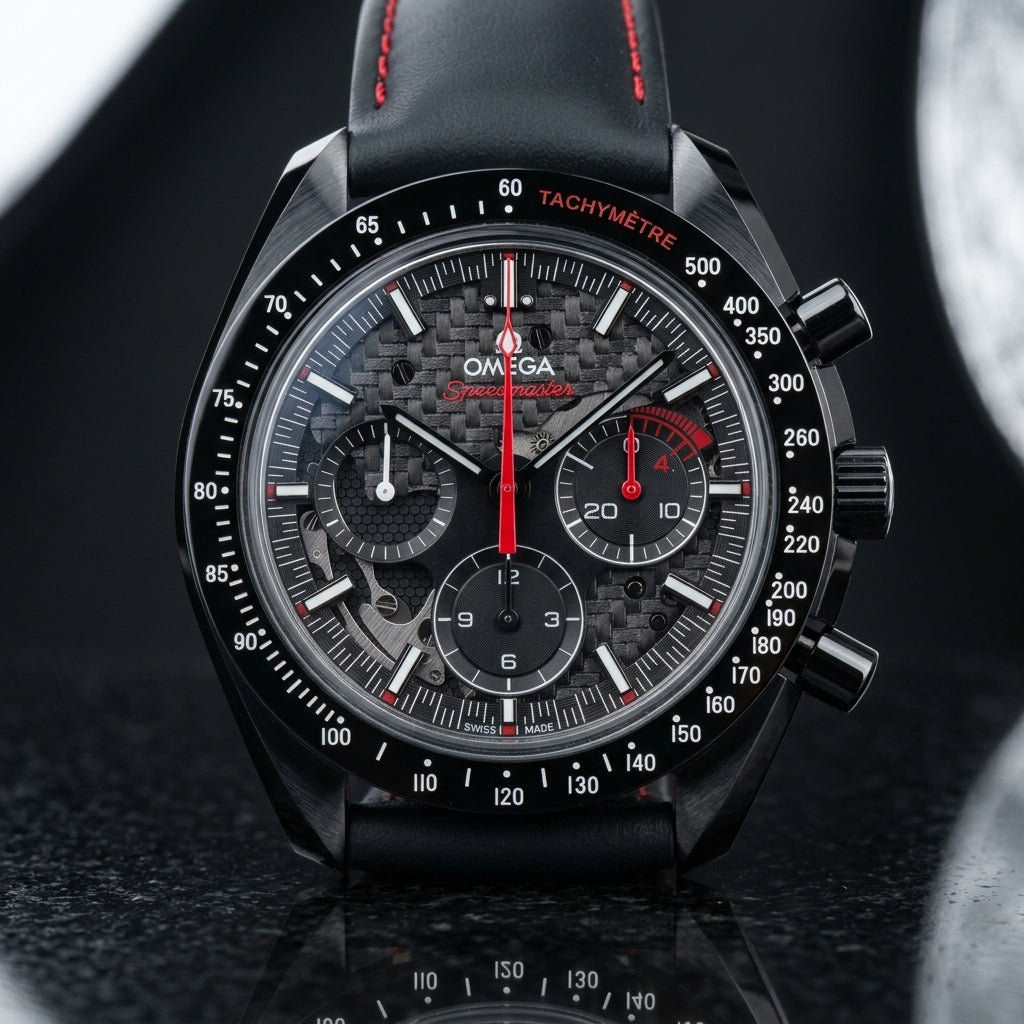 Black ceramic chronograph on a black perforated strap with red stitching, worn on a wrist below a navy suit cuff