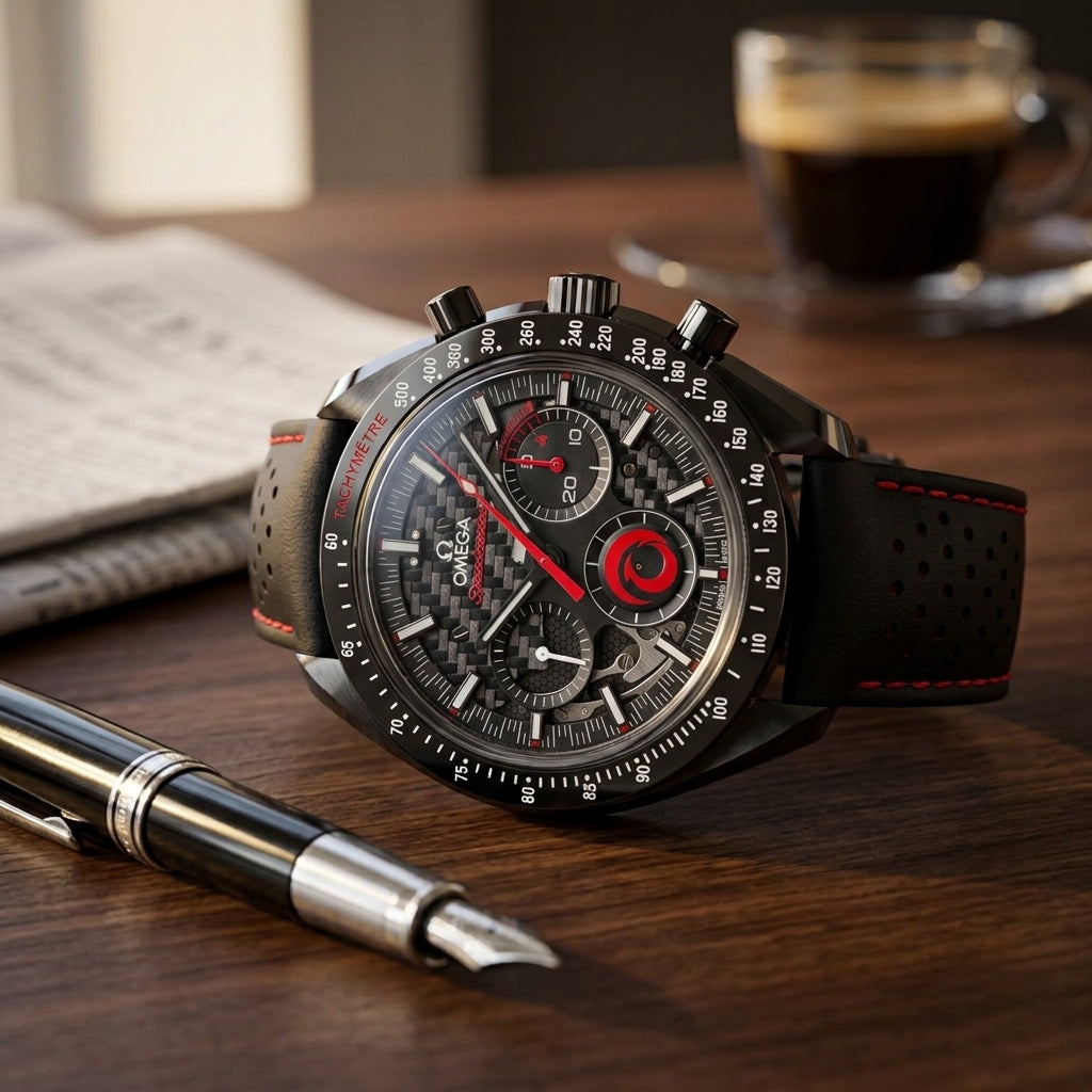 Black ceramic chronograph with a carbon weave dial and red accents on a dark walnut desk beside a fountain pen