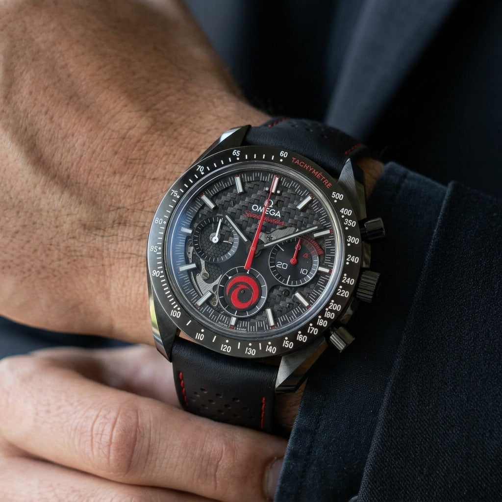 Black ceramic chronograph with a carbon weave dial and red accents on the wrist as a shirt cuff is fastened