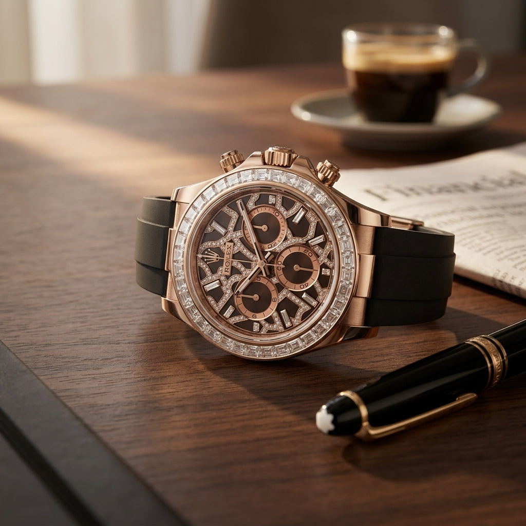 Rose gold stone-set chronograph on a dark walnut desk beside a fountain pen