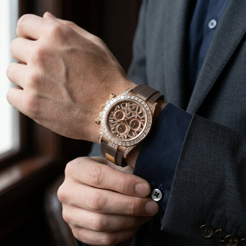 Rose gold stone-set chronograph on the wrist as a shirt cuff is fastened