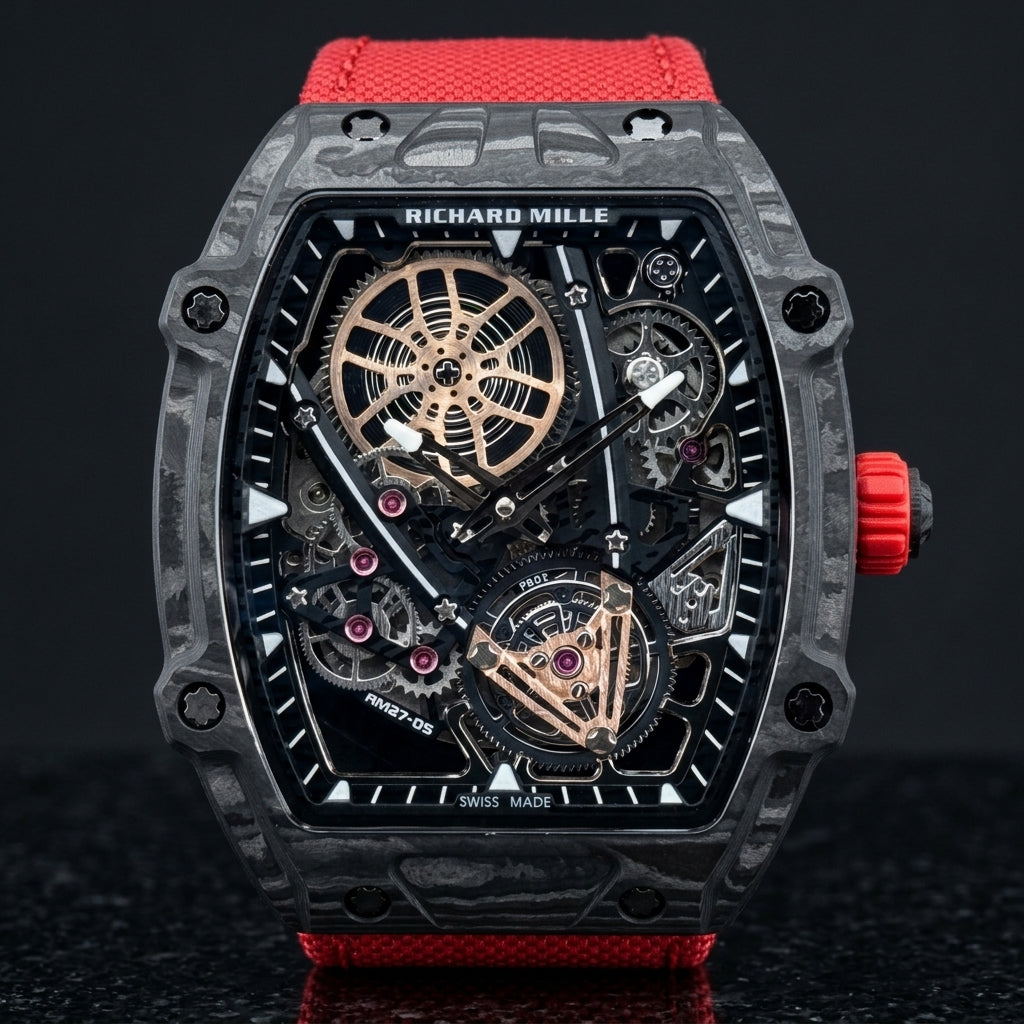 Black carbon skeleton tonneau watch on its red woven strap, worn on the wrist below a dark suit cuff