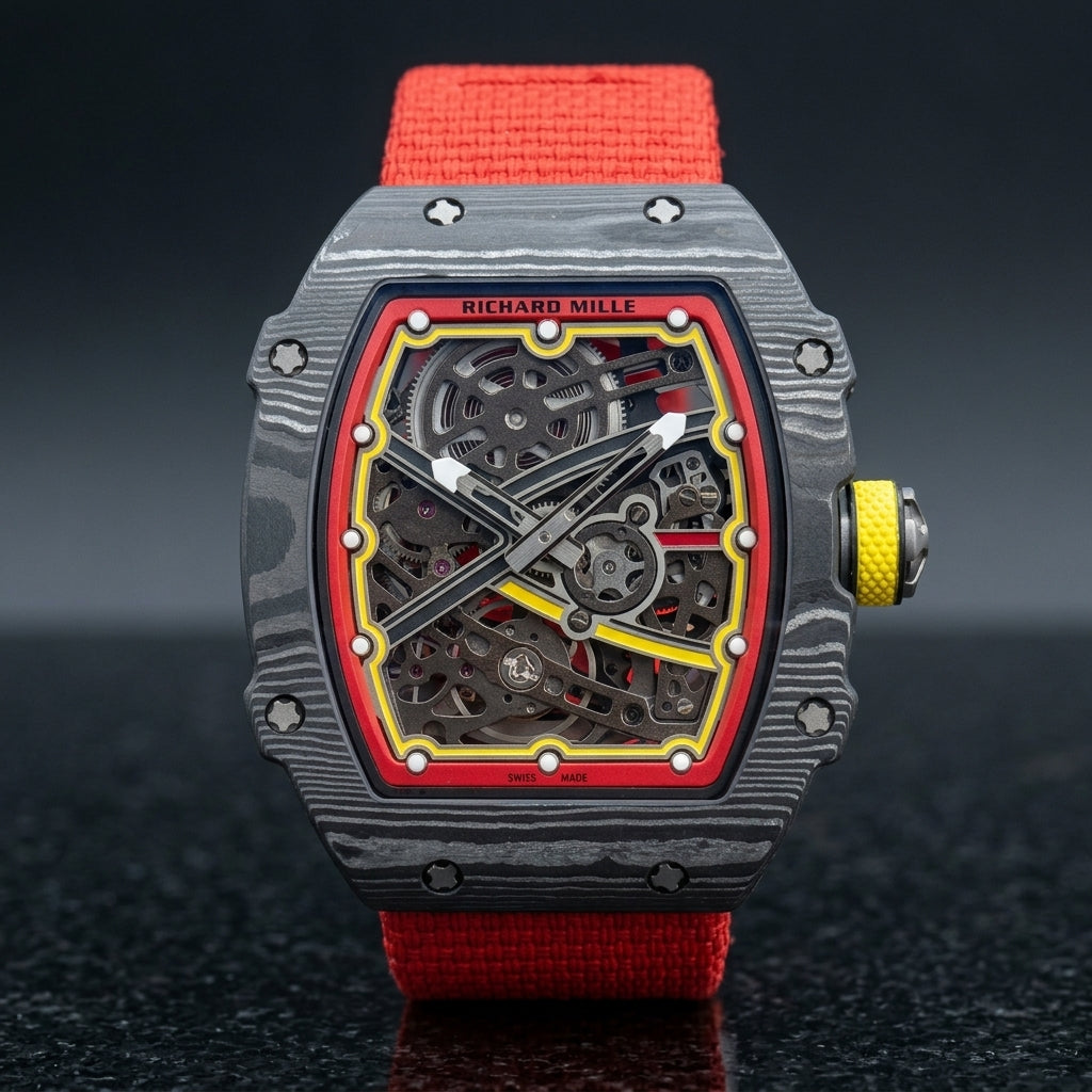 Carbon tonneau skeleton watch on its red elastic strap, worn on the wrist below a dark suit cuff