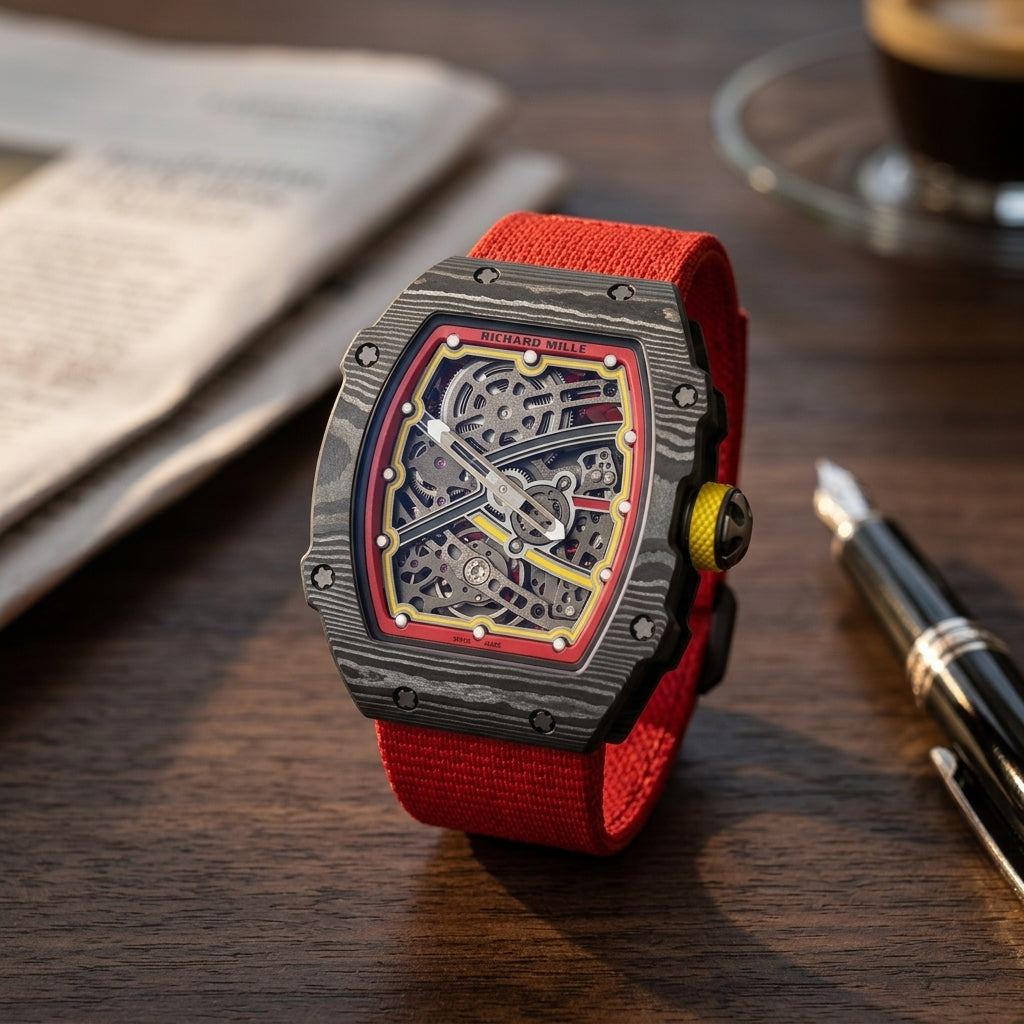 Carbon tonneau skeleton watch with a red flange and yellow track on a dark walnut desk beside a fountain pen
