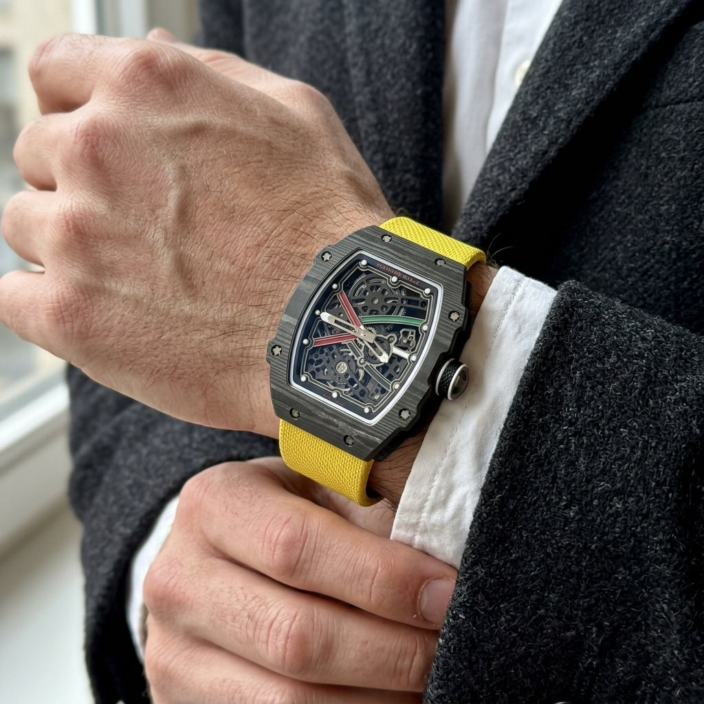 Black carbon skeleton tonneau on a bright yellow strap on the wrist as a shirt cuff is fastened
